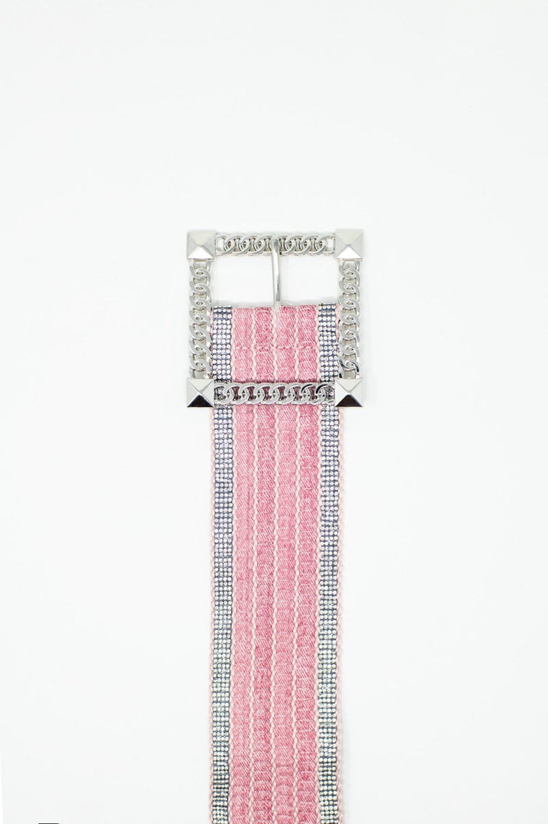 Q2 Women's Belt One Size / Pink Pink Woven Wide Belt With Squared Buckle With Silver Embeliishments