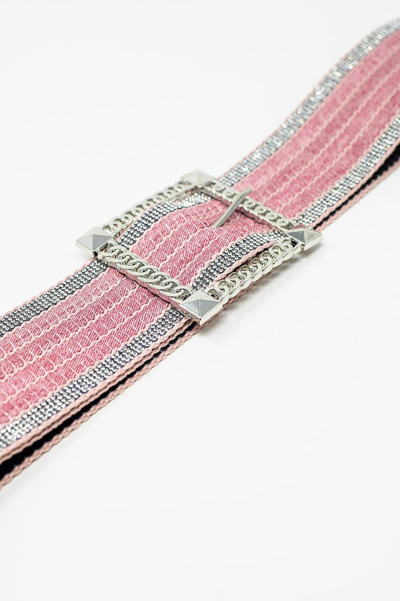 Q2 Women's Belt One Size / Pink Pink Woven Wide Belt With Squared Buckle With Silver Embeliishments