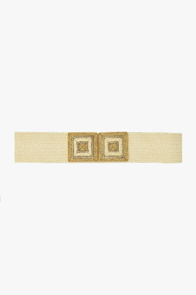 Q2 Women's Belt One Size / White Beige Woven Belt With Square Buckle With Gold Details