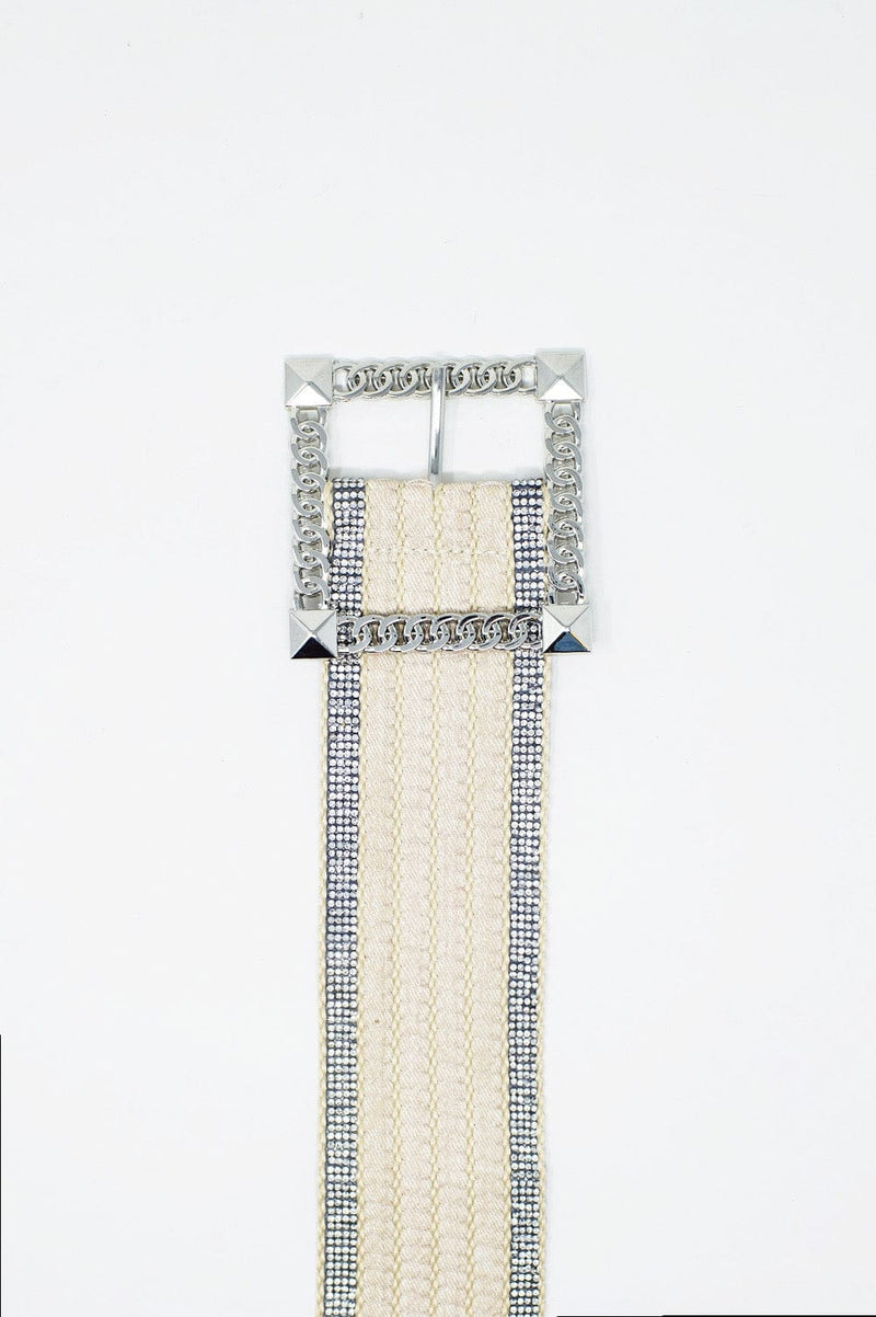 Q2 Women's Belt One Size / White White Belt Woven With Rhinestones On The Edges And Silver Square Buckle