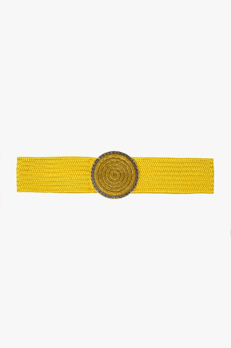 Q2 Women's Belt One Size / Yellow Yellow Woven Belt With Round Buckle With Rhinestones