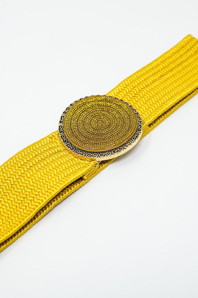 Q2 Women's Belt One Size / Yellow Yellow Woven Belt With Round Buckle With Rhinestones