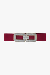 Q2 Women's Belt Red Elastic Belt With Double Oval Buckle With Rhinestone Inlays