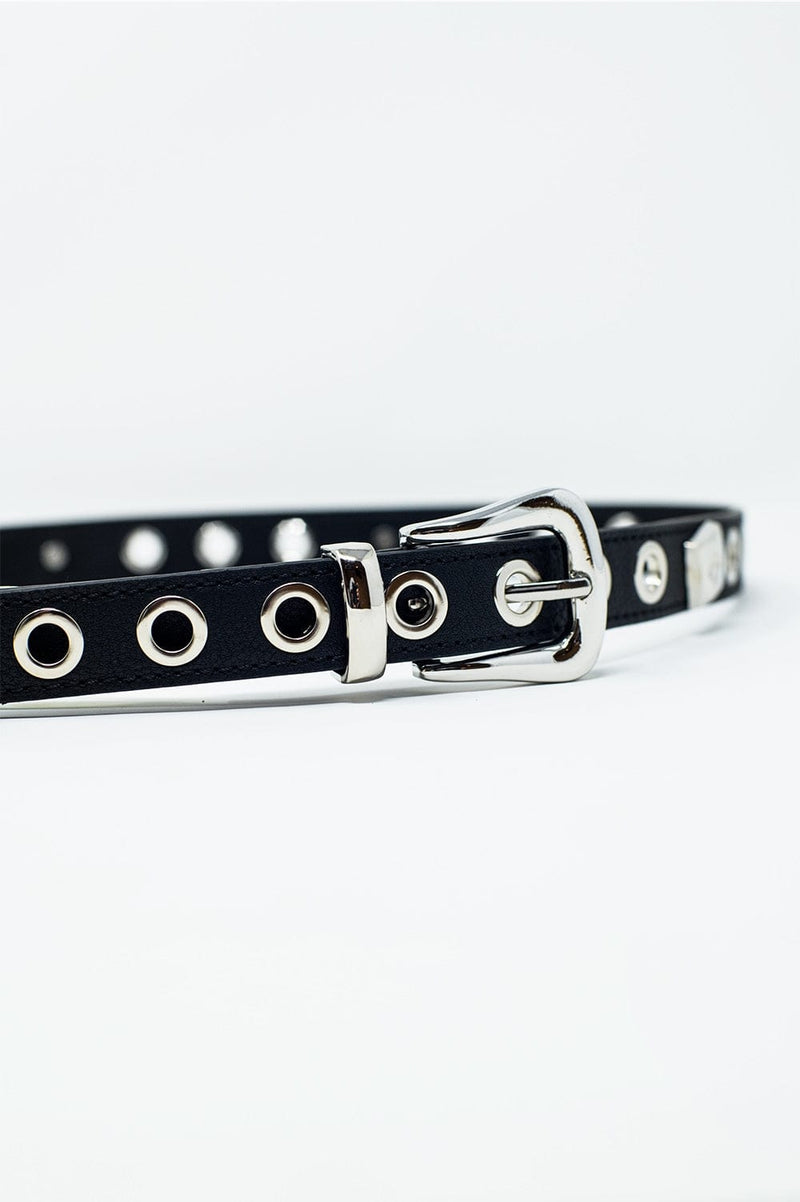 Q2 Women's Belt Thin Black Leather Belt With Silver Details