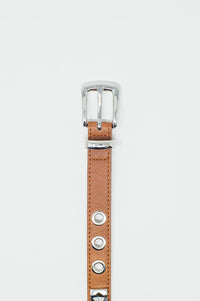 Q2 Women's Belt Thin Brown Leather Belt With Silver Details