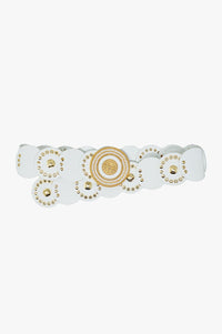 Q2 Women's Belt White Leather Belt With White Rhinestone Round Buckle And Golden Details