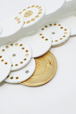 Q2 Women's Belt White Leather Belt With White Rhinestone Round Buckle And Golden Details