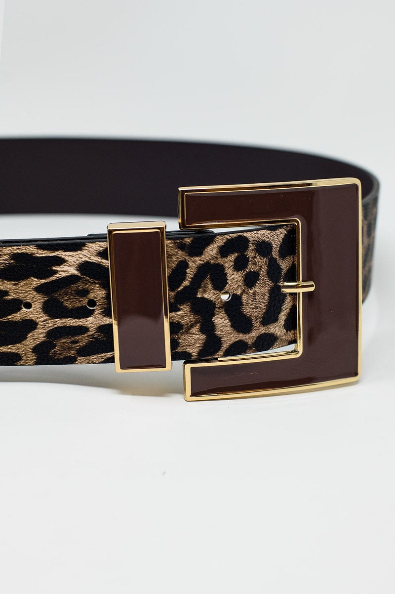 Q2 Women's Belt Wide Leopard Belt In Dark Brown With Black Square Buckle