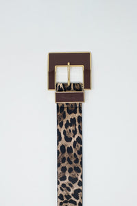 Q2 Women's Belt Wide Leopard Belt In Dark Brown With Black Square Buckle