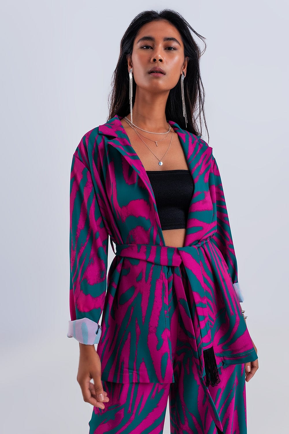 Q2 Women's Blazer Belted Blazer in Green Animal Print