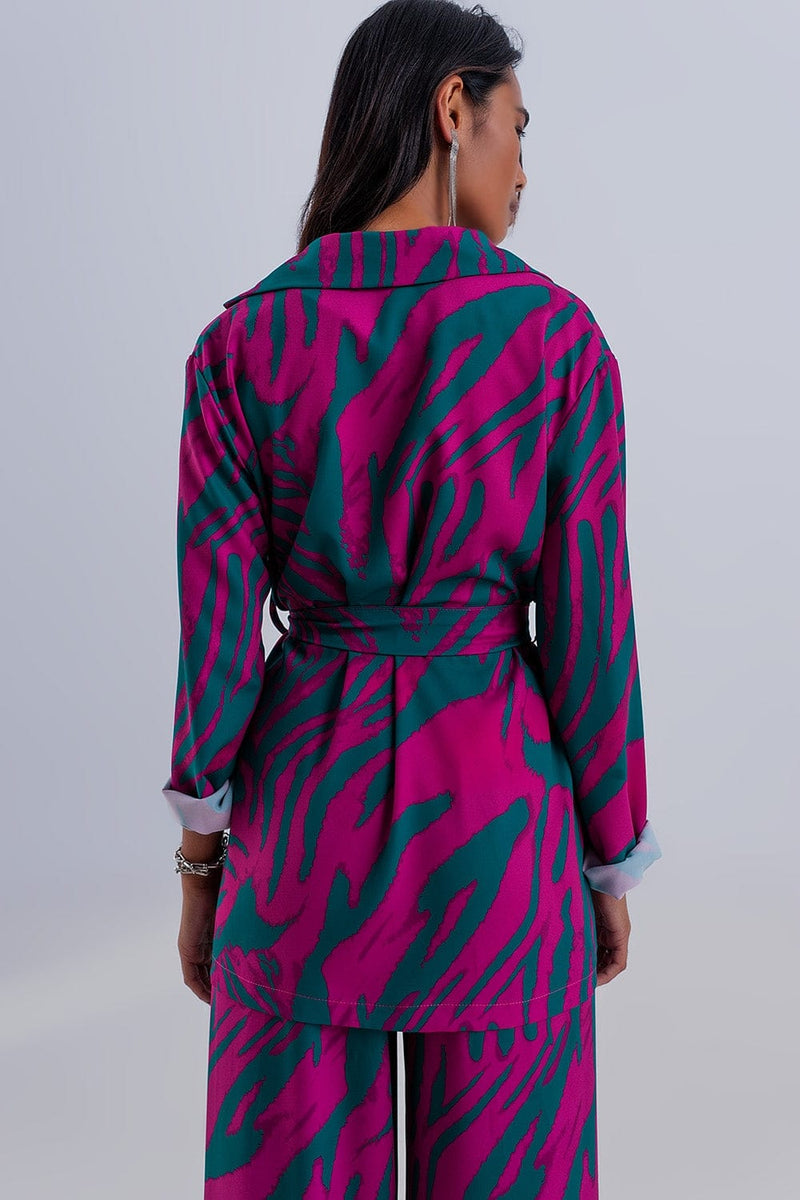 Q2 Women's Blazer Belted Blazer in Green Animal Print