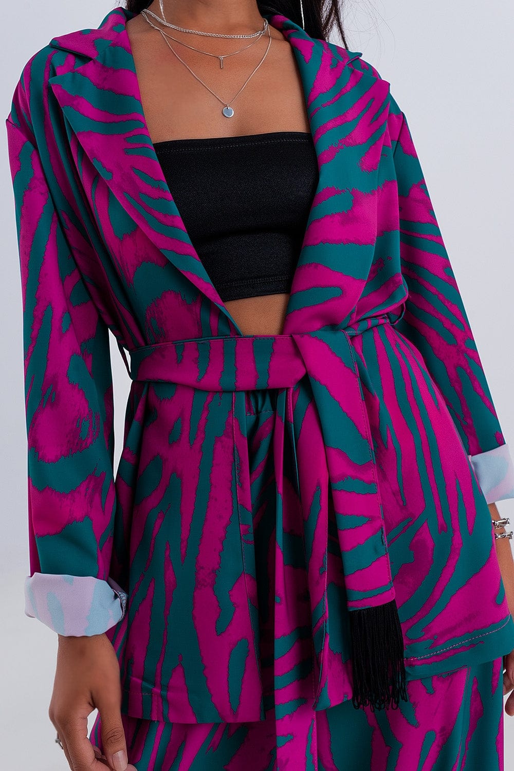 Q2 Women's Blazer Belted Blazer in Green Animal Print