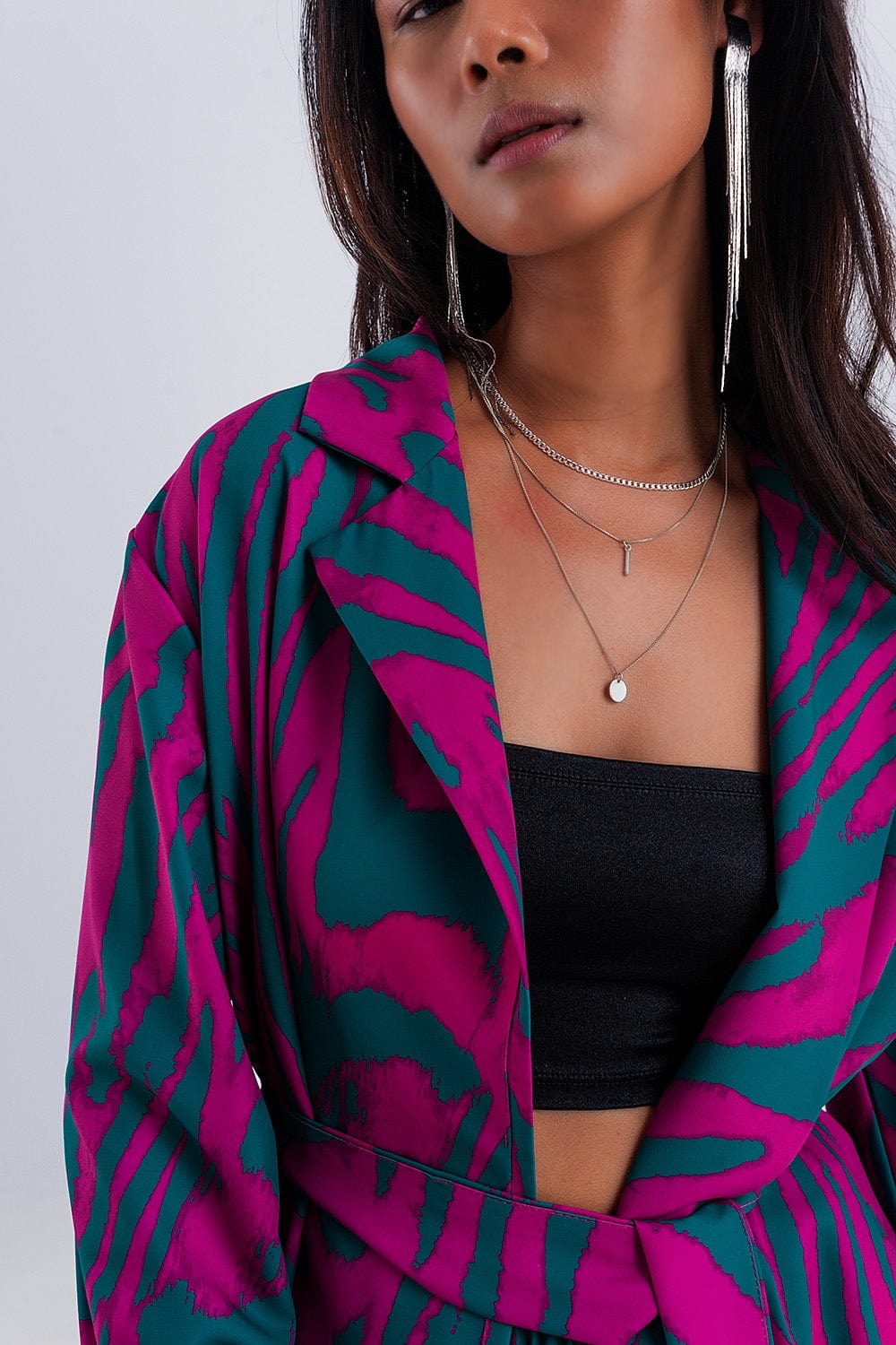 Q2 Women's Blazer Belted Blazer in Green Animal Print