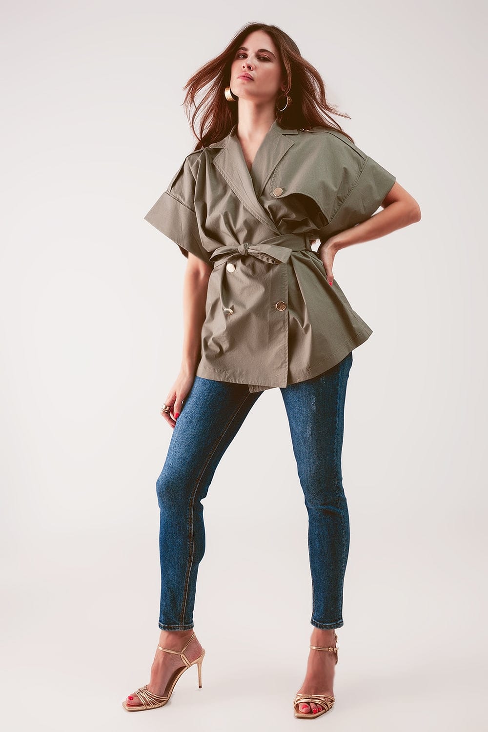 Q2 Women's Blazer Belted Jacket with Drop Shoulder in Khaki