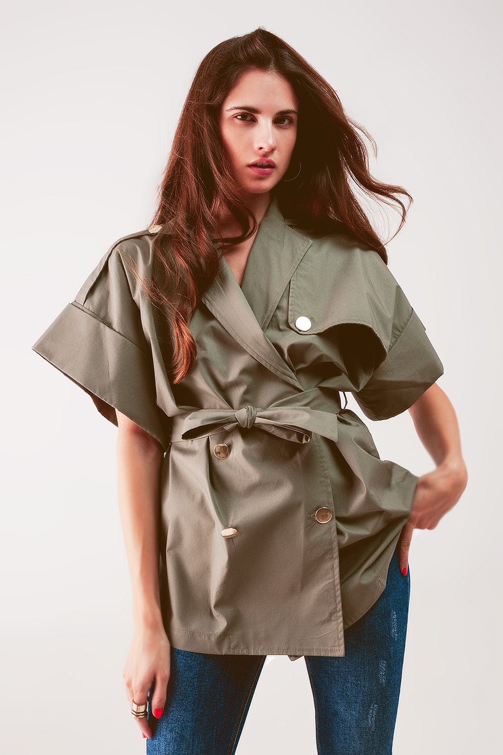 Q2 Women's Blazer Belted Jacket with Drop Shoulder in Khaki