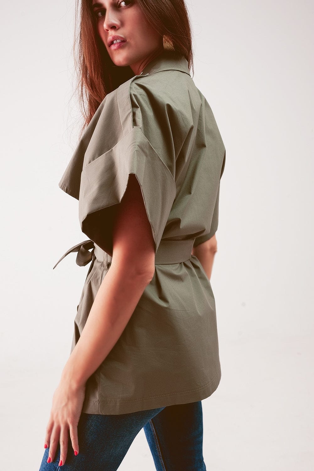 Q2 Women's Blazer Belted Jacket with Drop Shoulder in Khaki