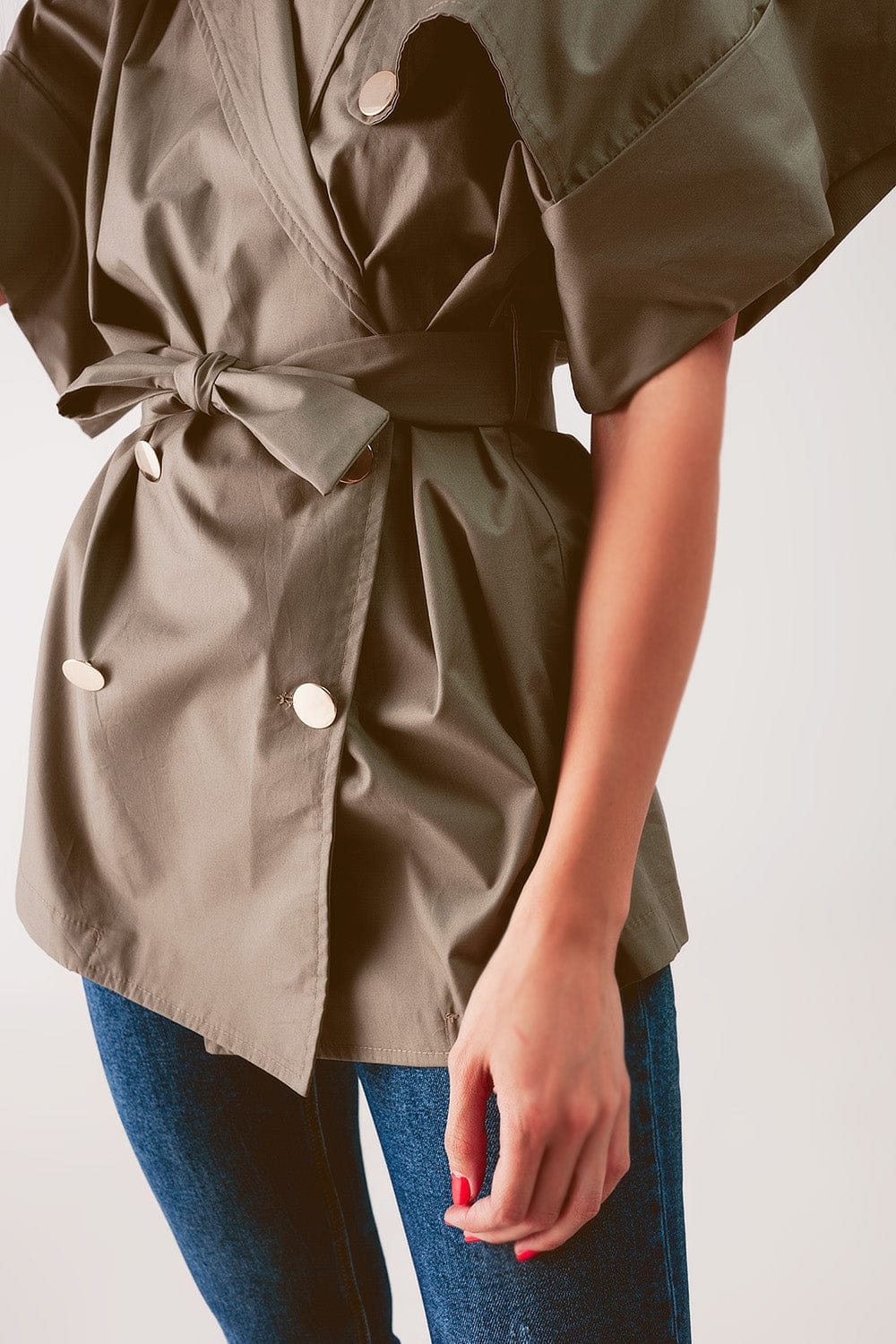 Q2 Women's Blazer Belted Jacket with Drop Shoulder in Khaki