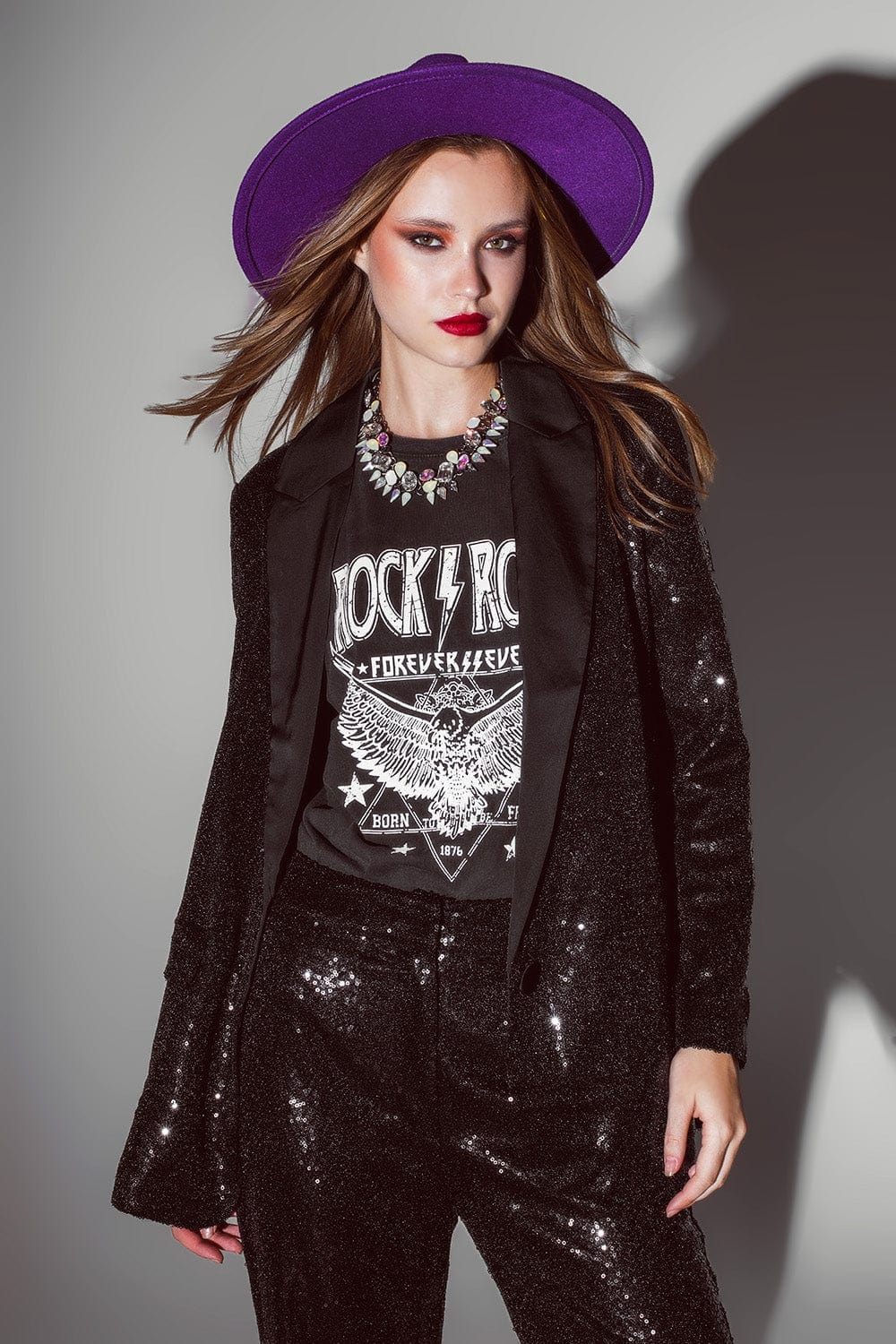 Q2 Women's Blazer Black Sequin Tuxedo Blazer With Satin Lapels