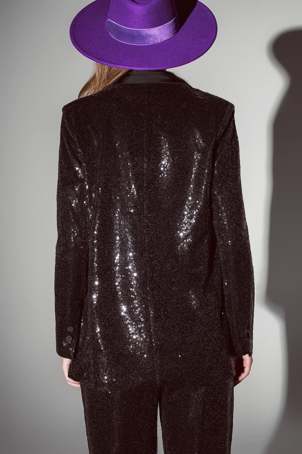 Q2 Women's Blazer Black Sequin Tuxedo Blazer With Satin Lapels