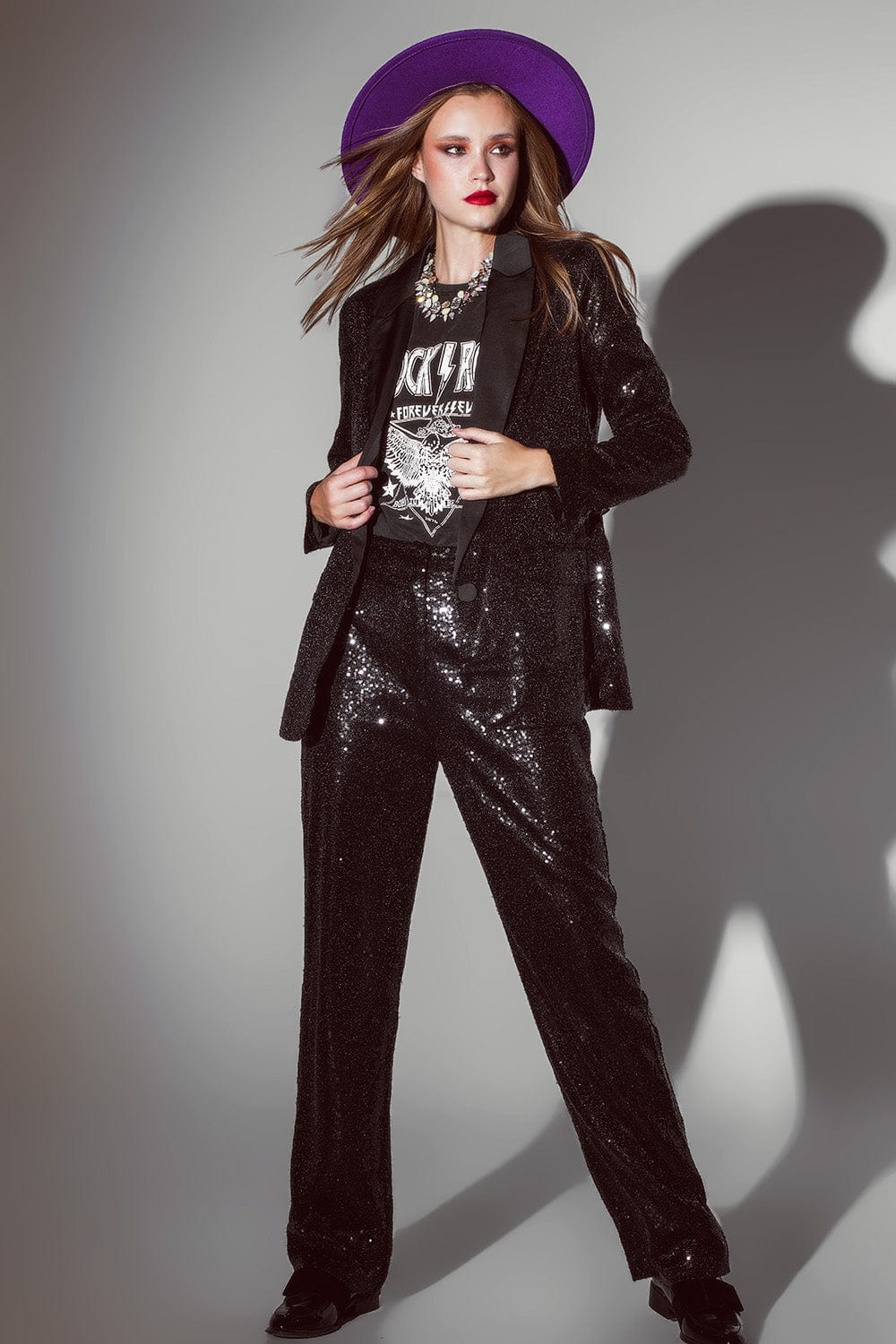 Q2 Women's Blazer Black Sequin Tuxedo Blazer With Satin Lapels
