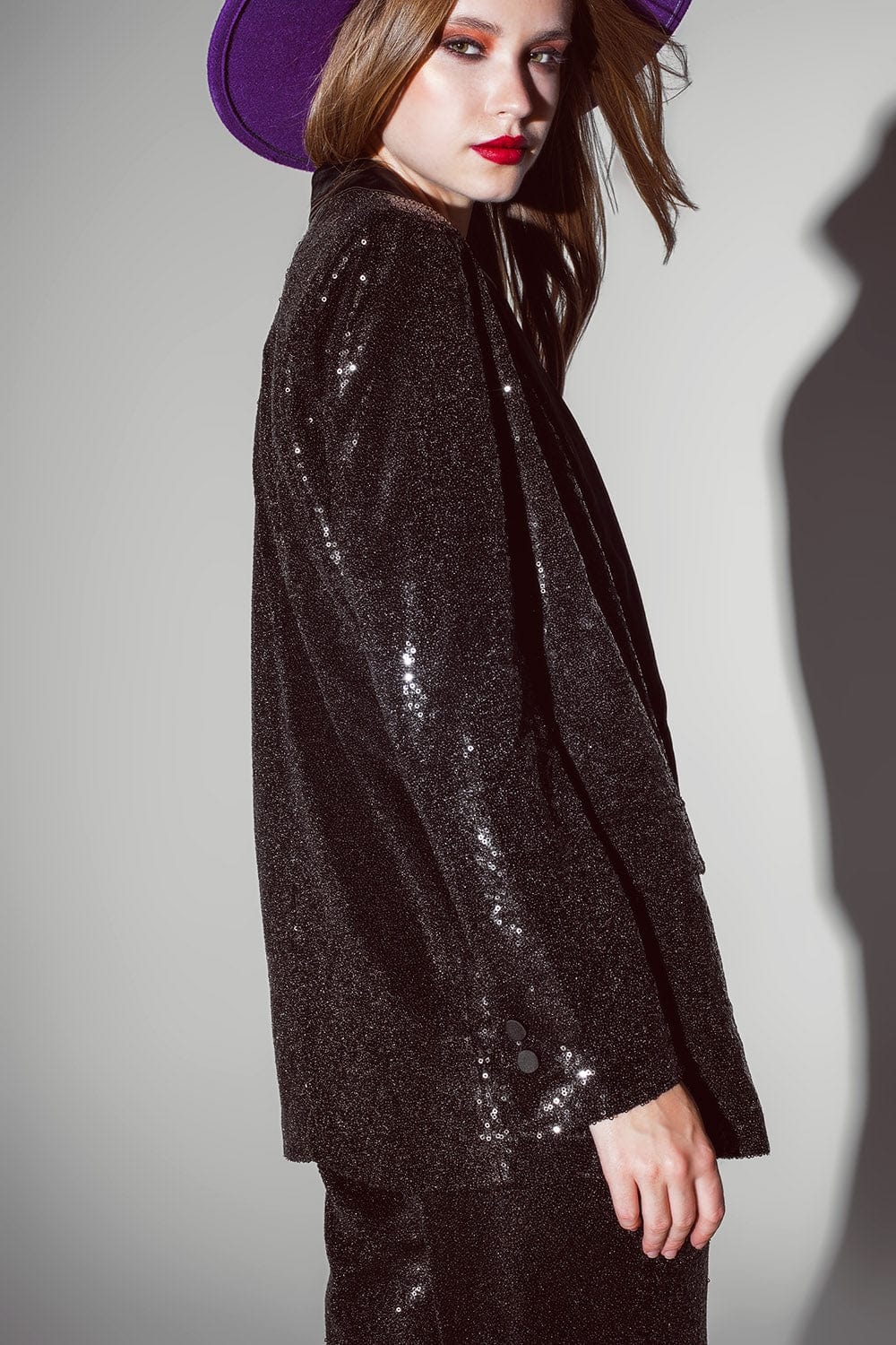 Q2 Women's Blazer Black Sequin Tuxedo Blazer With Satin Lapels
