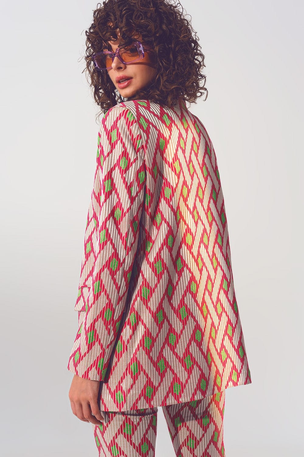 Q2 Women's Blazer Blazer in Pink Geometric Print