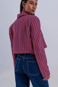 Q2 Women's Blazer Crop Retro Suit Blazer in Red Geo