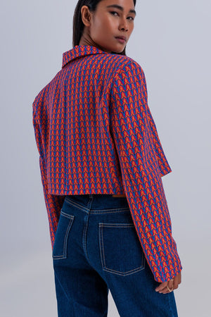 Q2 Women's Blazer Crop Retro Suit Blazer in Red Geo