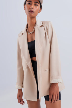 Q2 Women's Blazer Double Breasted Satin Blazer in Beige