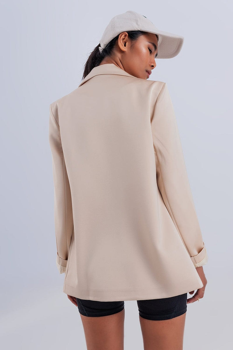 Q2 Women's Blazer Double Breasted Satin Blazer in Beige