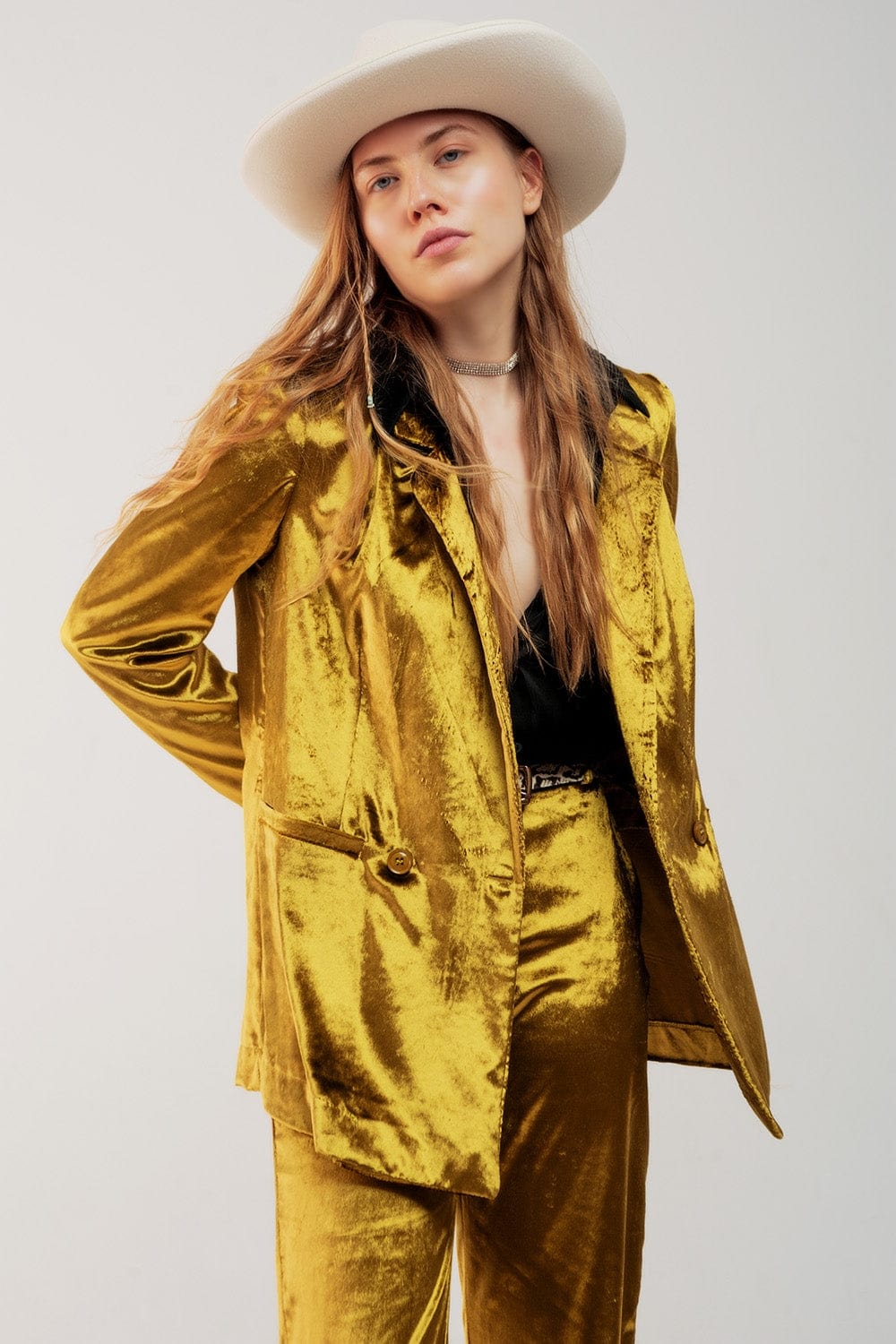 Q2 Women's Blazer Lime Green Velvet Oversized Blazer