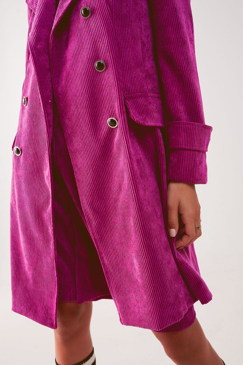 Q2 Women's Blazer Longline Blazer with Vintage Buttons in Fuchsia Cord