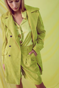 Q2 Women's Blazer Longline Blazer with Vintage Buttons in Lime Cord