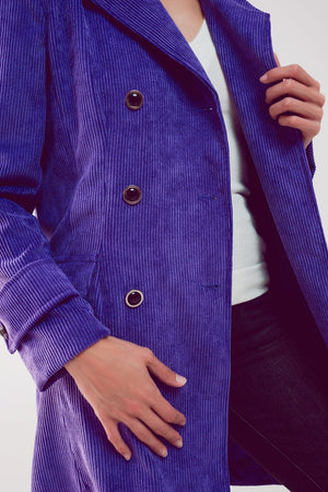 Q2 Women's Blazer Longline Blazer with Vintage Buttons in Purple Cord