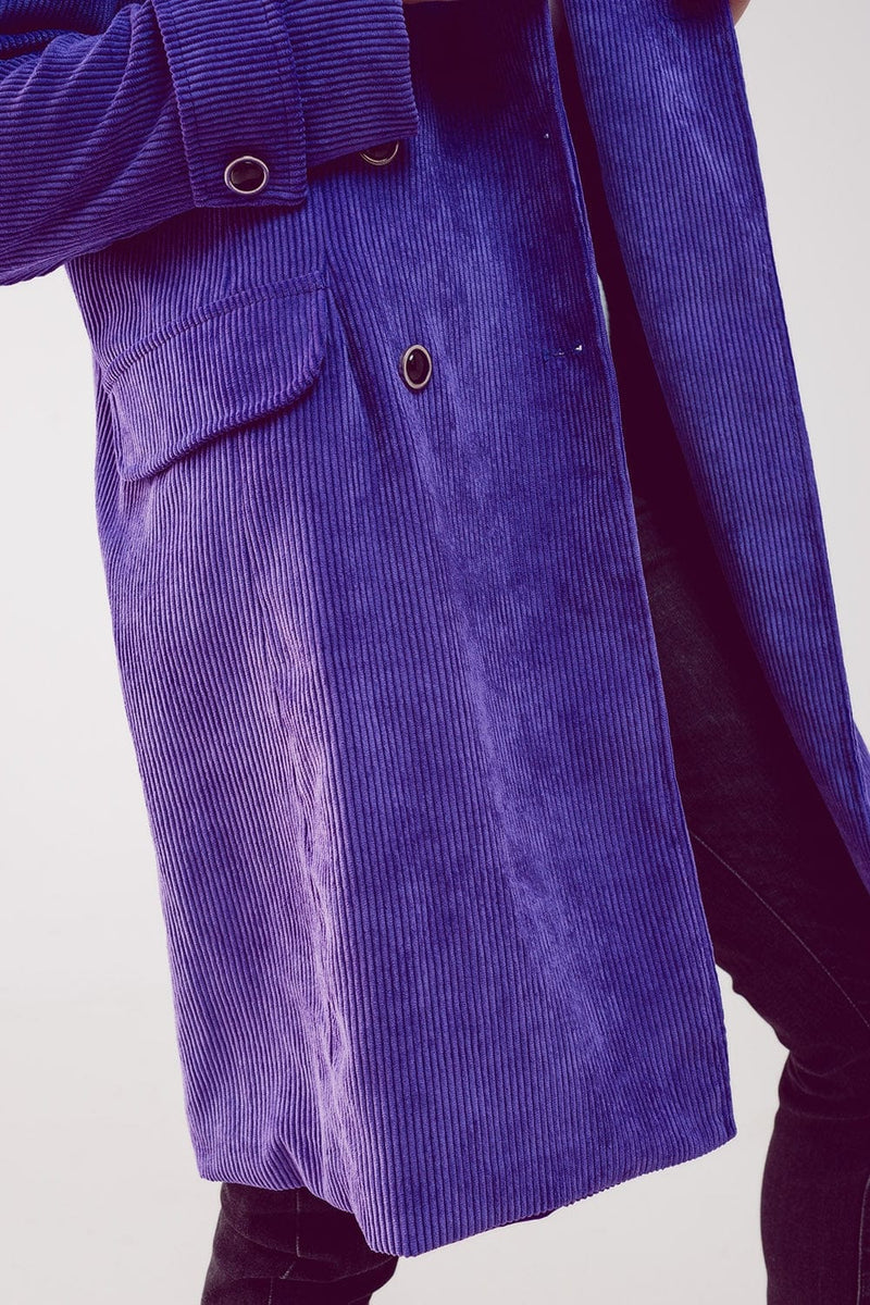 Q2 Women's Blazer Longline Blazer with Vintage Buttons in Purple Cord