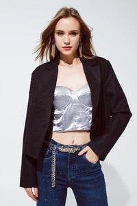 Q2 Women's Blazer Oversized Cropped Blazer Vichy Design And Metallic Details In Black