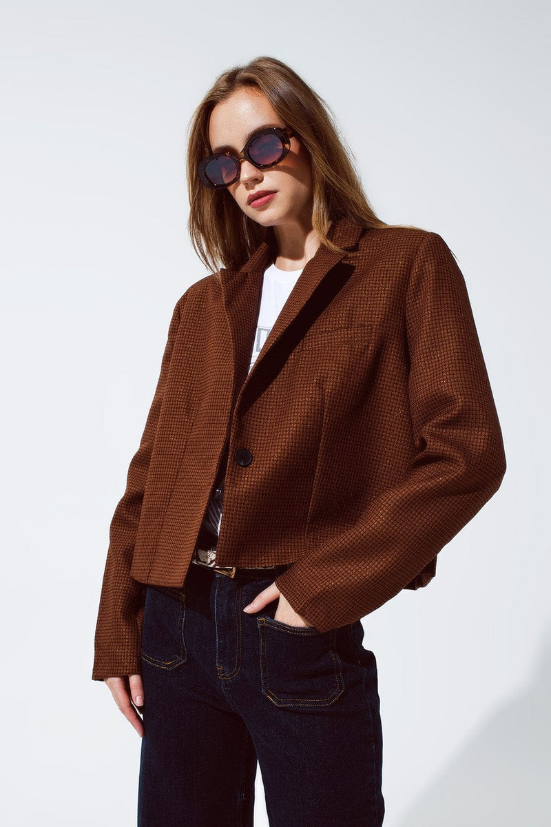 Q2 Women's Blazer Oversized Cropped Blazer Vichy Design And Metallic Details In Brown