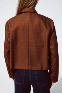 Q2 Women's Blazer Oversized Cropped Blazer Vichy Design And Metallic Details In Brown