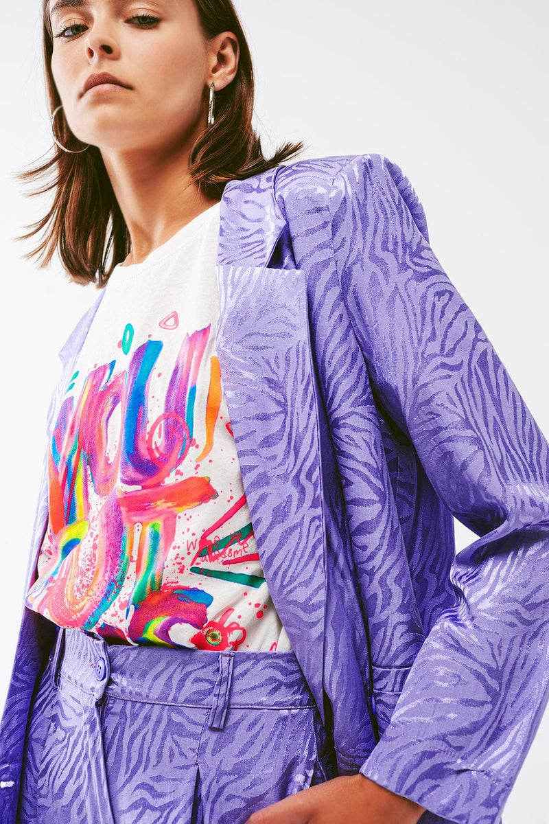 Q2 Women's Blazer Oversized Zebra Print Blazer In Purple