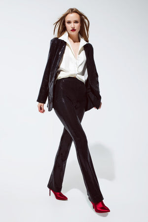 Q2 Women's Blazer Party Relaxed Sequined Blazer In Black