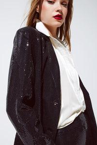Q2 Women's Blazer Party Relaxed Sequined Blazer In Black