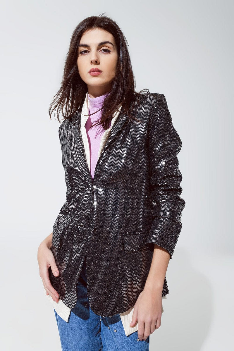 Q2 Women's Blazer Party Relaxed Sequined Blazer In Silver