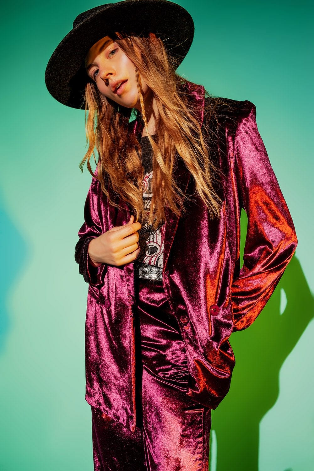 Q2 Women's Blazer Purple Velvet Oversized Blazer