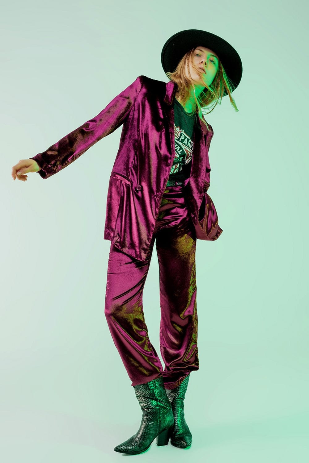 Q2 Women's Blazer Purple Velvet Oversized Blazer