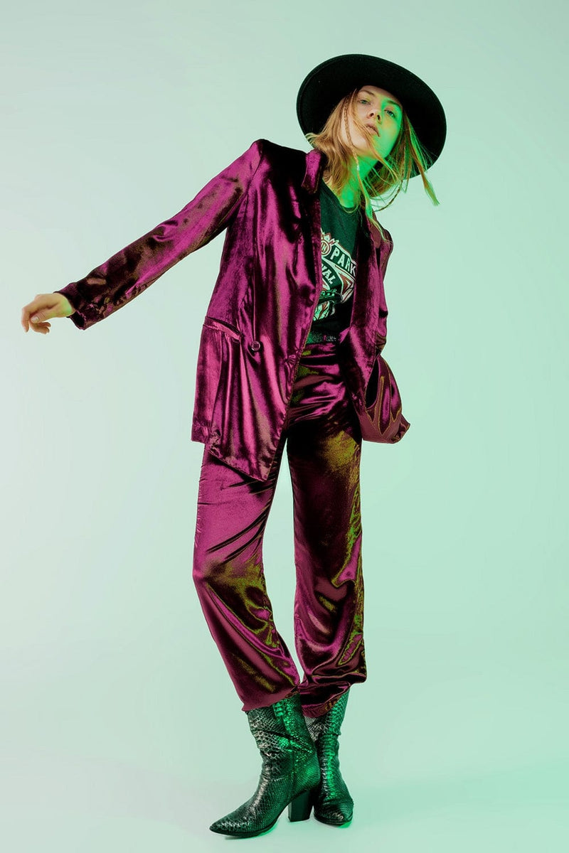 Q2 Women's Blazer Purple Velvet Oversized Blazer