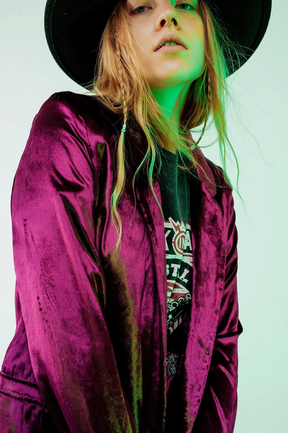 Q2 Women's Blazer Purple Velvet Oversized Blazer
