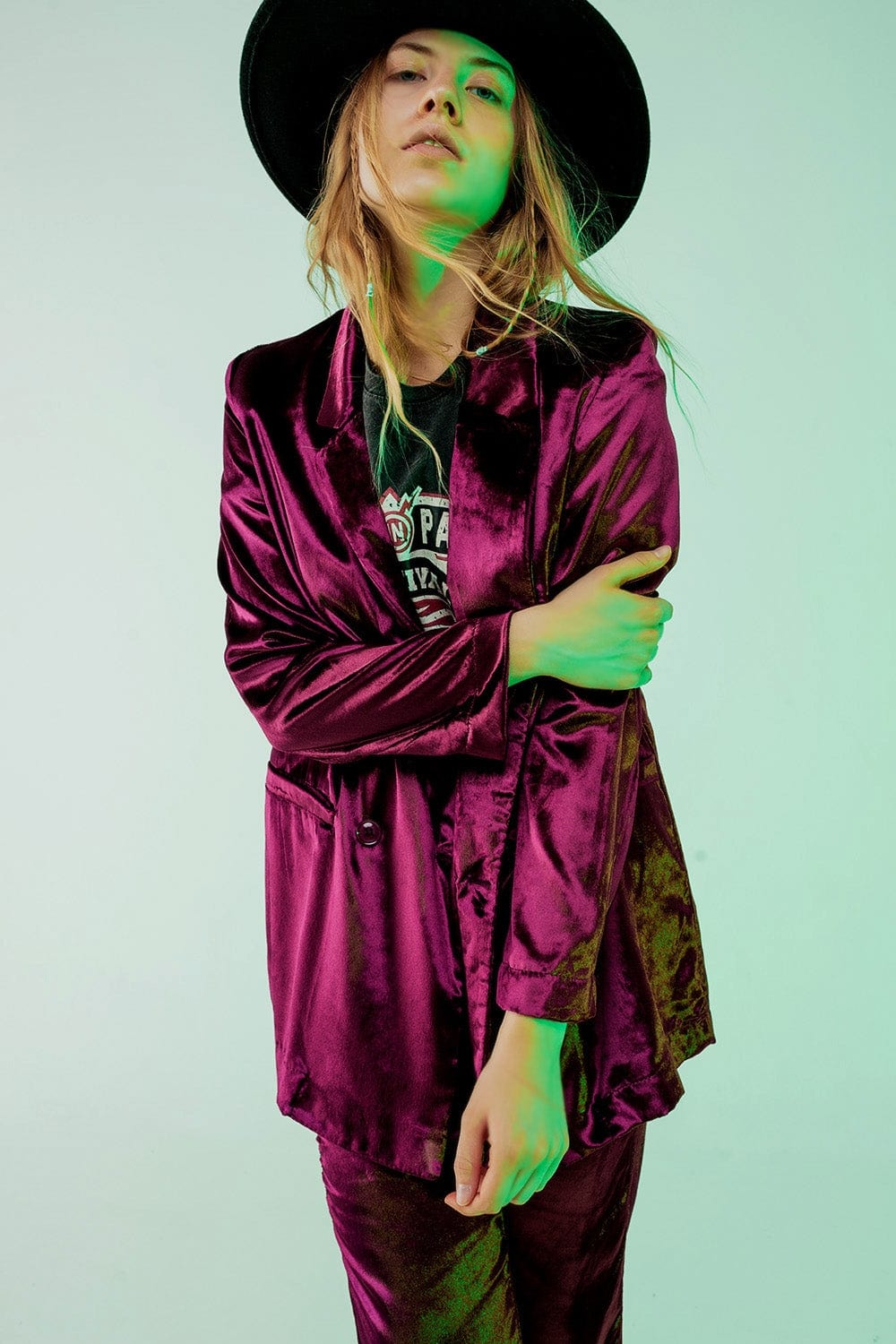 Q2 Women's Blazer Purple Velvet Oversized Blazer
