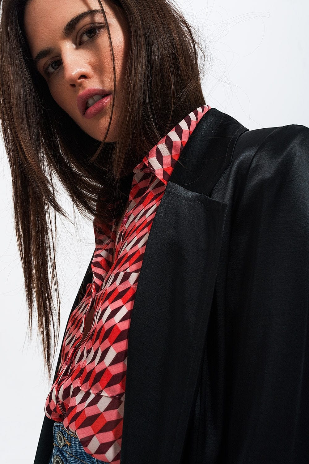 Q2 Women's Blazer Satin Blazer in Black