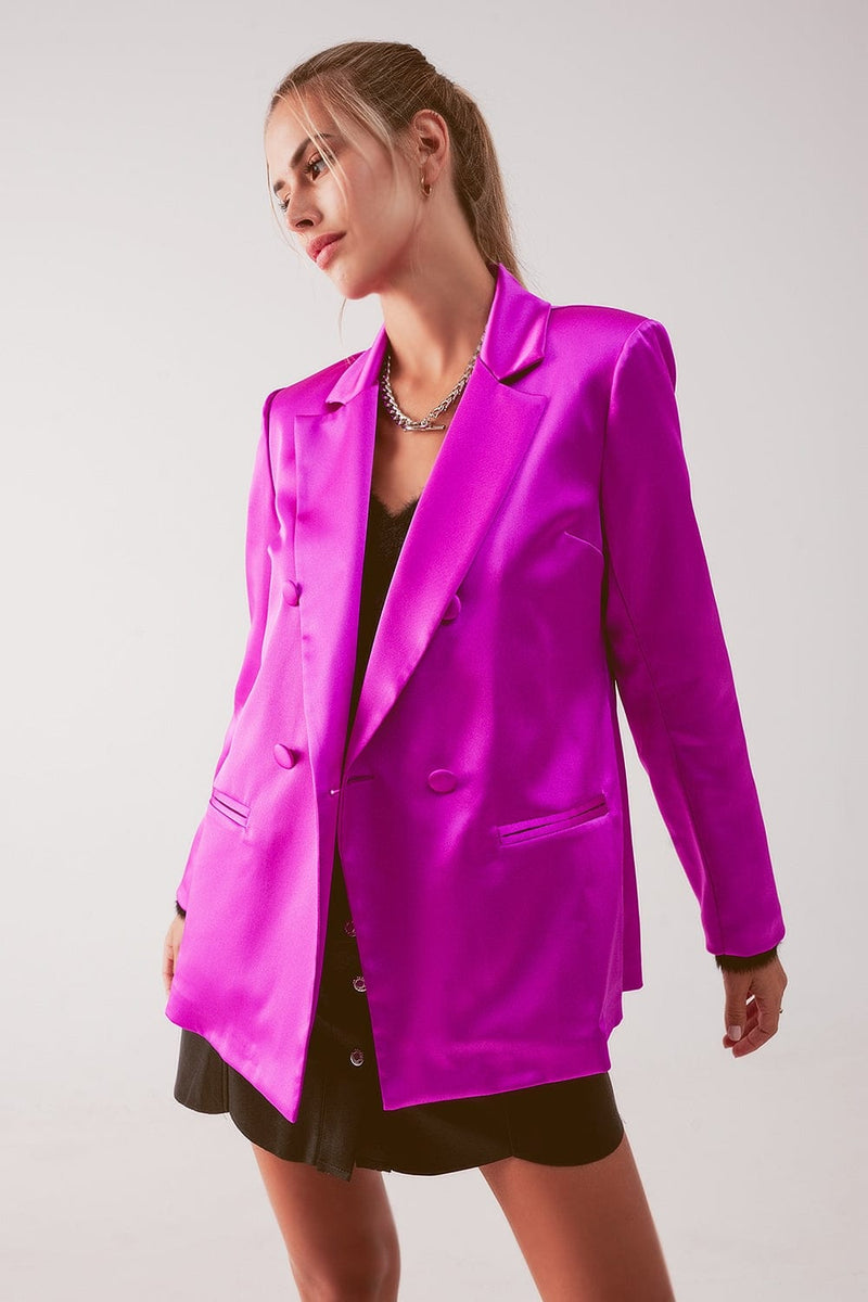 Q2 Women's Blazer Satin Double Breasted Suit Blazer in Fuchsia
