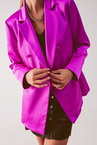 Q2 Women's Blazer Satin Double Breasted Suit Blazer in Fuchsia